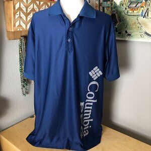 COLUMBIA PFG Polo Shirt Men's size M Blue with White Spell Out Vented